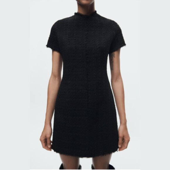 Zara Dresses & Skirts - NWT Zara Structured Tweed Frayed Mini Dress Black
